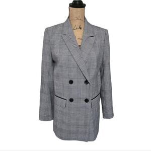 DKNY Plaid‎ Double Breasted Blazer Jacket Black White Gray Business Casual